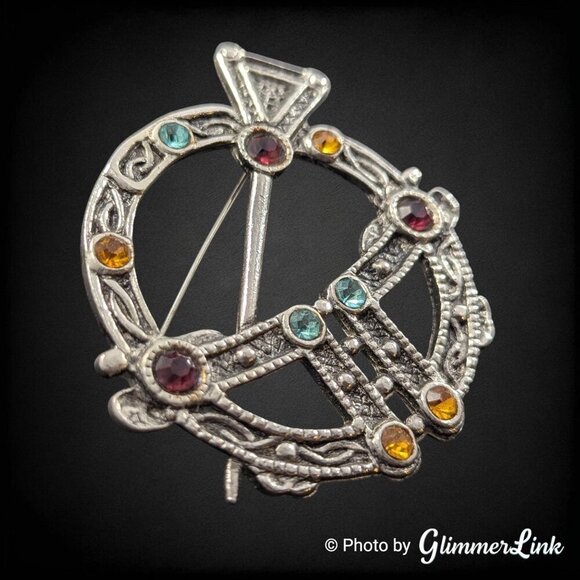 Vintage Celtic Multicolor Rhinestone Ornate Silver Tone Tara Brooch Pin - Picture 2 of 8